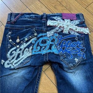 Japanese Red Pepper Women's Blue Flare Jeans with y2k UK flag